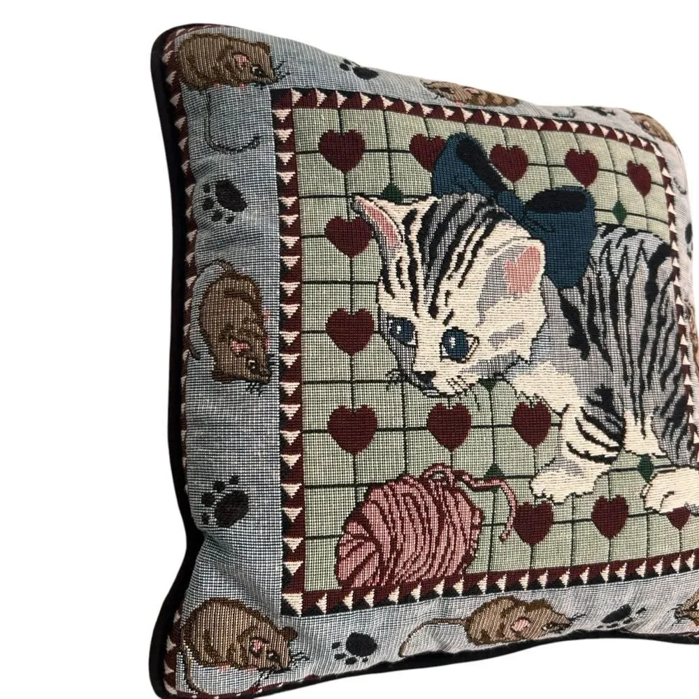 Kitty Cat & Mouse Yarn Tapestry Square Pillow 12 Inches Blue Cat Lover